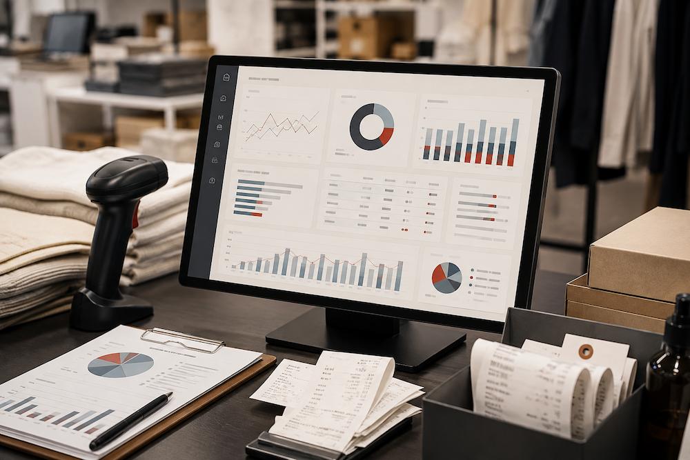 Ekran z dashboardem analitycznym obok dokumentów sprzedażowych.